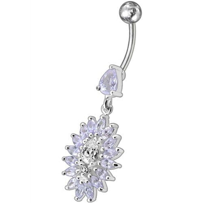 Jeweled Dangling Fancy  Glitter Flower SS Banana Bar Belly Ring Body Jewelry