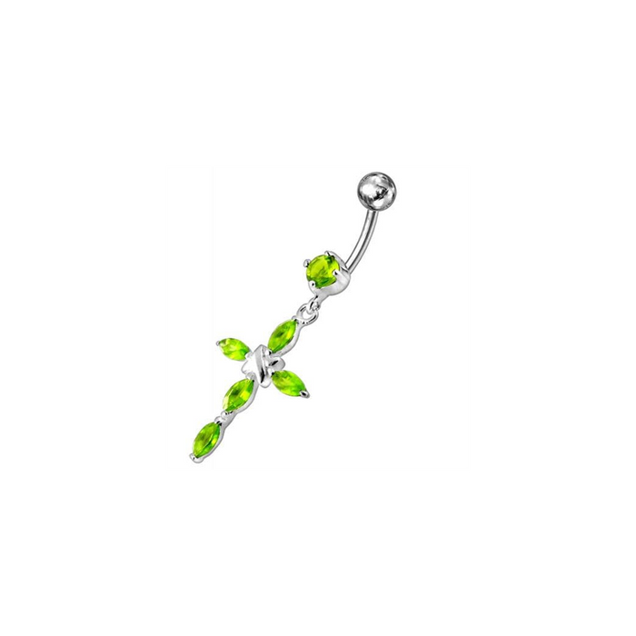 Jeweled Fancy Silver Flower Dangling SS Bar Banana Belly Ring