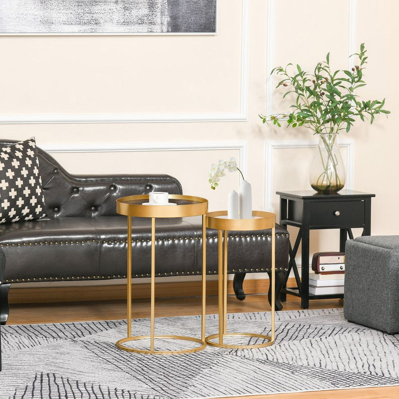 HOMCOM Coffee Tables Set of 2, Round Nest of Tables with Tray Top and Steel Frame for Living Room, Bedroom, Gold Tone