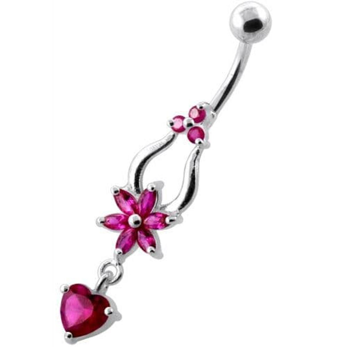 Flower with Heart Dangling Navel Belly Ring