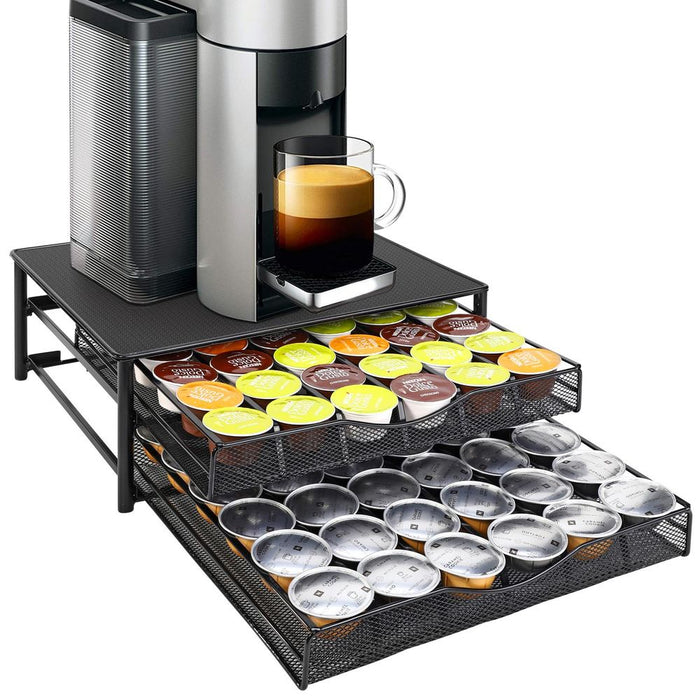 Vinsani 72 Capsules Coffee Pod Storage with 2 Sliding Drawers - Non Slip Surface Stackable Holder Organiser Box Coffee Capsules Tray Coffee Machine Stand for Dolce Gusto Coffee Pods (Black)