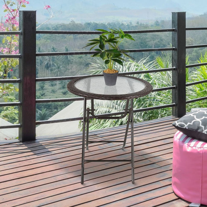 Premium Outsunny Round Glass Metal Table - Folding & Weatherproof - Brown Rattan Edging