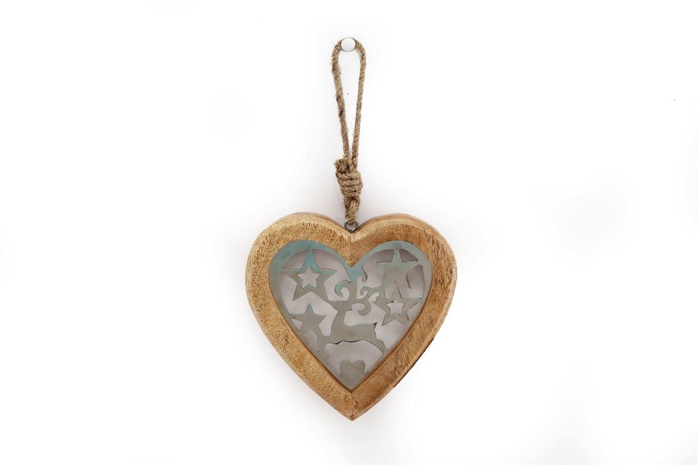 Artisanal Wood Heart: Metal Reindeer & Stars