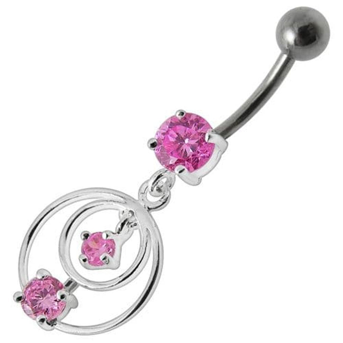 Silver Fancy Round Jeweled Dangling Navel Ring