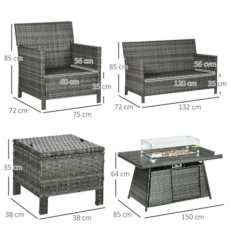 Outsunny Rattan Garden Furniture Sofa Set - Armchairs, Footstools, Fire PitTable