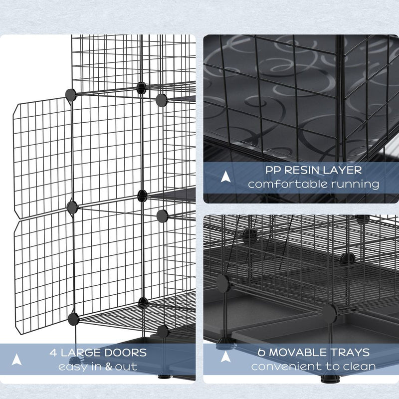 PawHut 3 Level DIY Pet Playpen Metal Small Animal Cage Rabbit Ferret Chinchillas Cage 4 Doors Bottom Trays Black