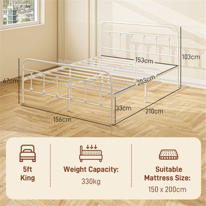 King Size Metal Bed Frame White Steel 156W x 210D x 103Hcm