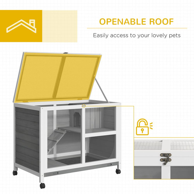 PawHut Rabbit Hutch Indoor Wooden Guinea Pig House Hamster Cage with Wheels, 2 Layers Bunny Cage with Openable Roof, 91.5 x 53.3 x 73 cm, Brown