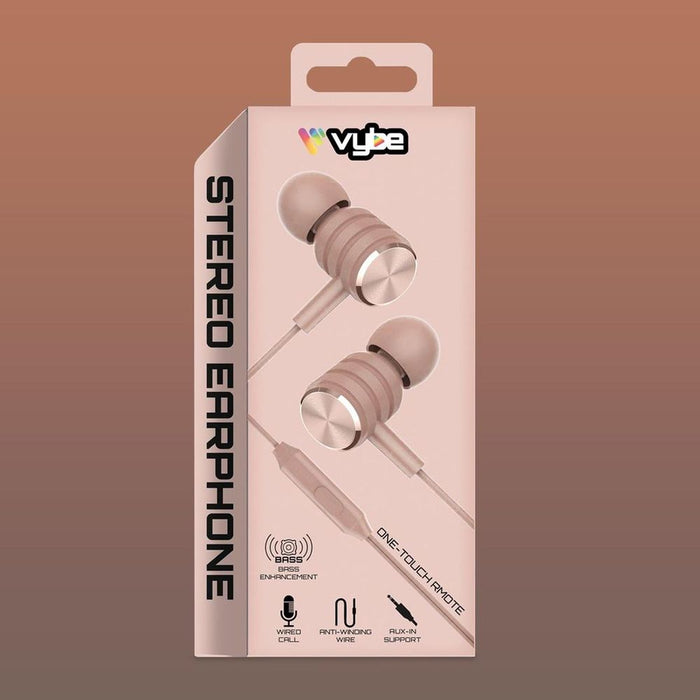 Vybe Bass Enhancer Earphones - One-Touch Remote, AUX-in, Stereo - Pink