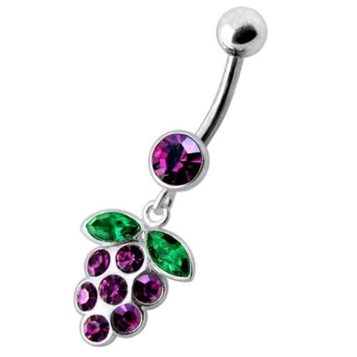 Silver Fancy Jeweled Grape Dangling Curved Belly Ring