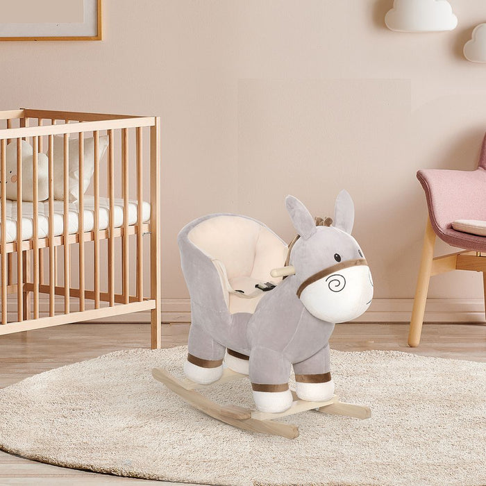 HOMCOM Kids Children Rocking Horse Plush Ride On Donkey Seat w/Sound Wood Base Seat Safety Belt Toddler Baby Toy Rocker Grey 18-36 Months