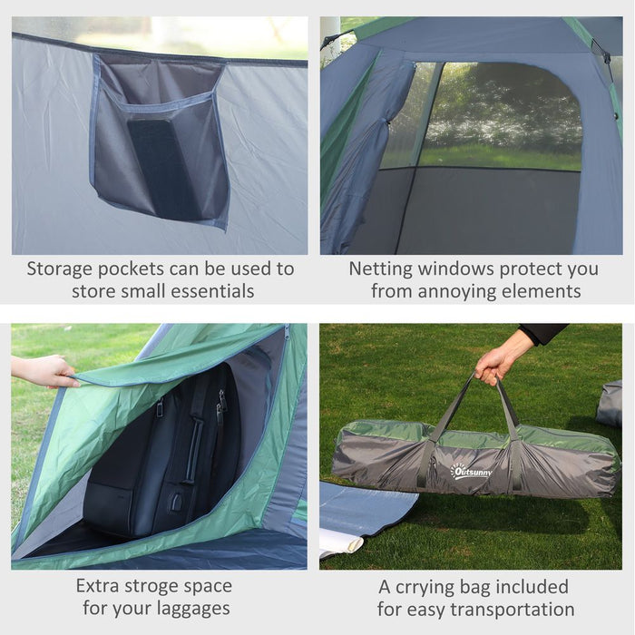 Outsunny Pop up 3 Person Family Camping Tent Waterproof Dome Lightweight Ventilated Easy to Assemble Large Door + 4 Windows Dim. 2.5L x 1.94W x 1.6H m Fibreglass Polyester Oxford Blue Green