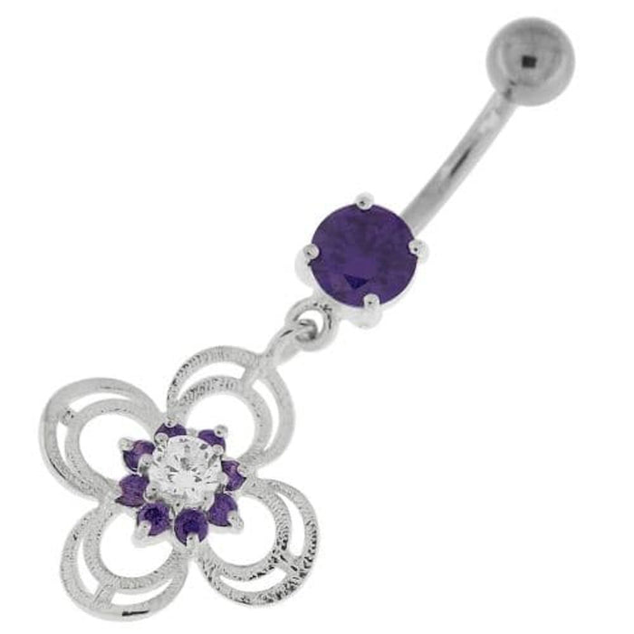 Flower With Bow Jeweled Silver Belly Button Ring