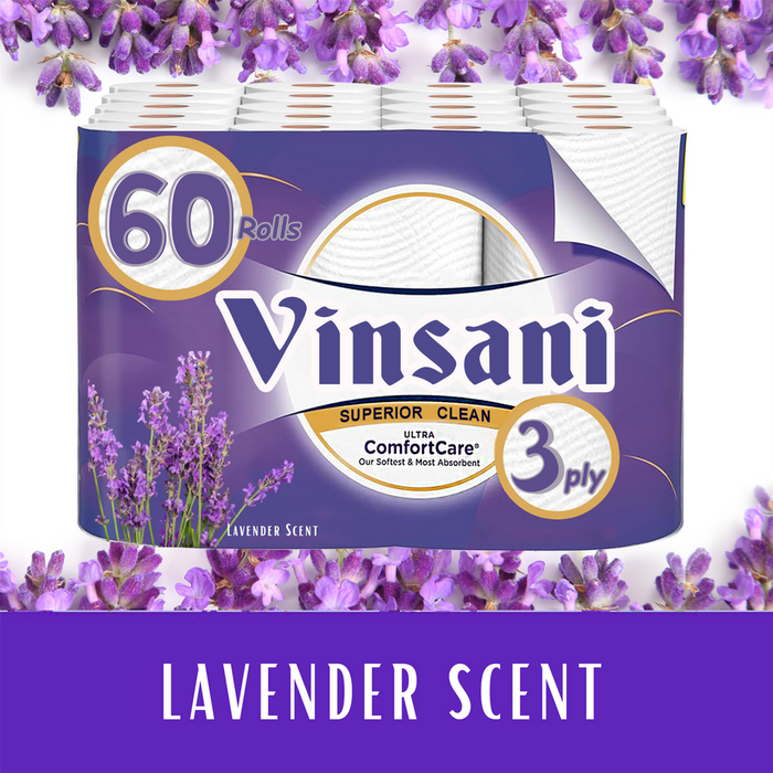 Vinsani Lavender 60 Toilet Rolls - Plush Quilted Design - Maximum Absorption - Lavender Bliss - Made in UK - Maximum Value