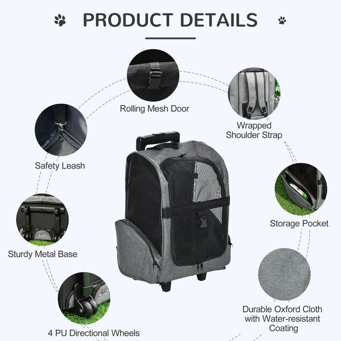 PawHut Pet Travel Backpack Bag Cat Puppy Dog Carrier w/ Trolley and Telescopic Handle Portable Stroller Wheel Luggage Bag (Grey)