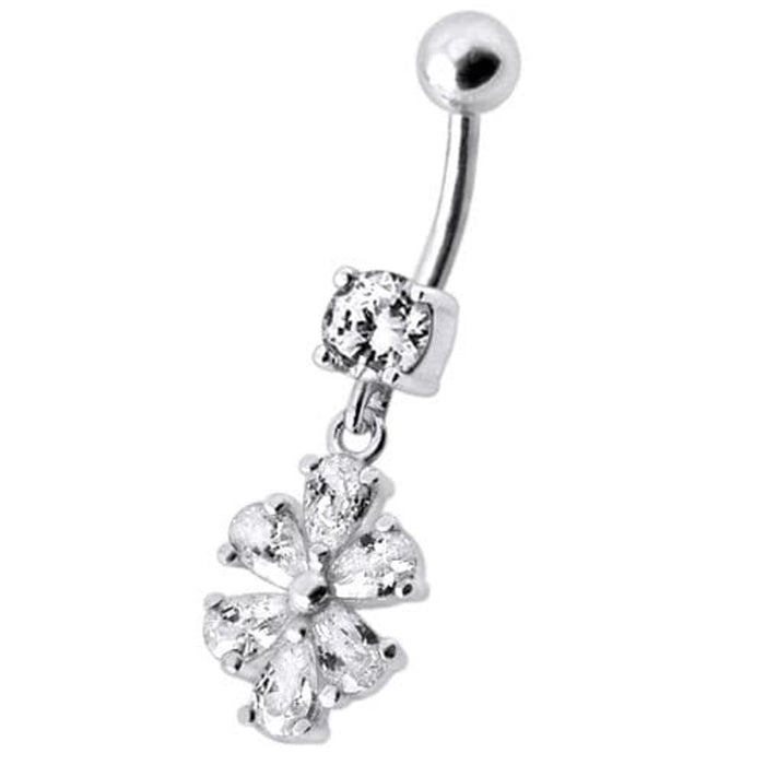 Fancy  Flower Jeweled Silver Dangling With SS Bar Navel Ring