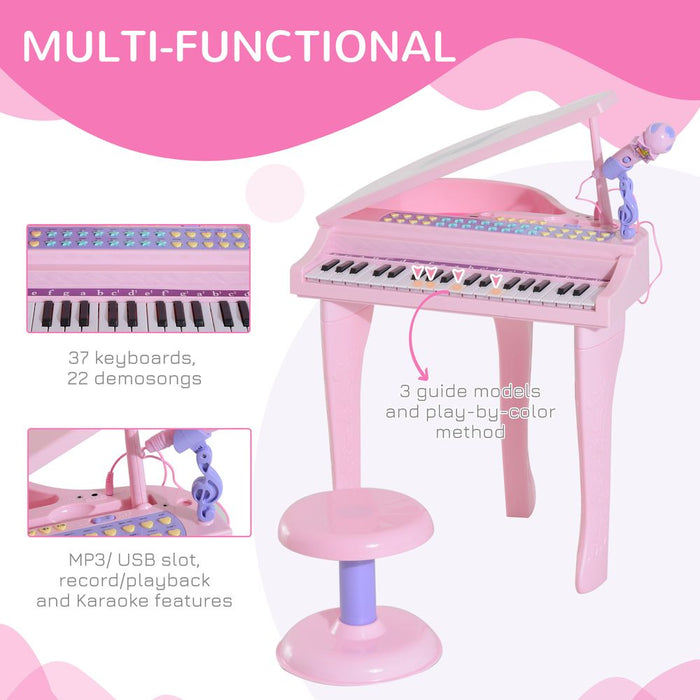 Safe & Interactive 37-Key Mini Piano Keyboard Microphone Stool for Kids - Pink