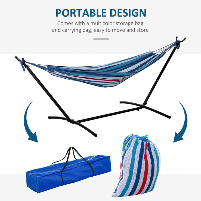 Premium 294x117cm Hammock w/ Metal Stand & Portable Carrying Bag. 120kg Capacity. White Stripe Design.