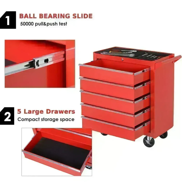 Premium Red 5-Drawer Roller Tool Cabinet - High-Quality Storage Box, Ideal for Garage and Workshop, with Wheels and Casters