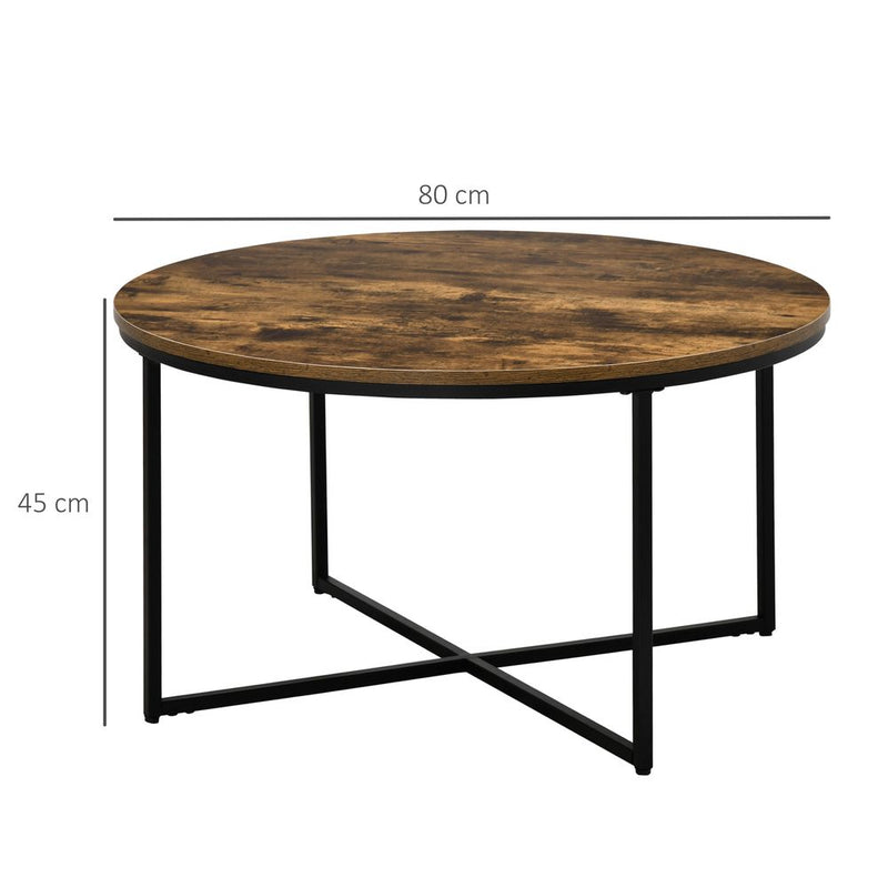 Industrial Round Side Table with Metal Frame, Large Tabletop, Rustic Brown