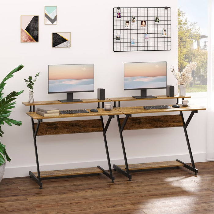 Stylish Brown Computer Desk with Monitor Shelf and Storage