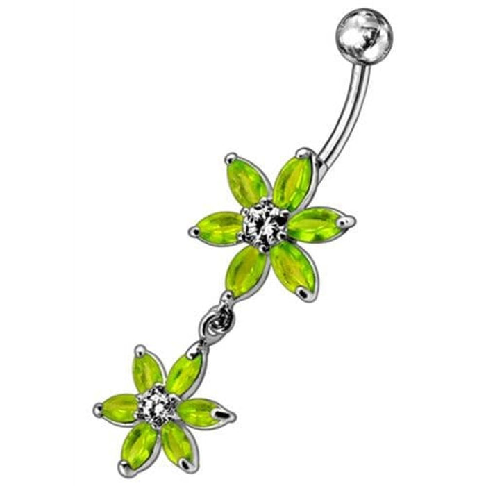 Silver Jeweled Flower Dangling SS Curved Belly Ring