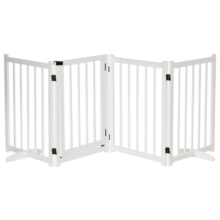 PawHut Freestanding Pet Gate for Small and Medium Dogs, Wooden Foldable Dog Safety Barrier with 4 Panels, 2 Support Feet, 80 cm Tall for Doorways, Stairs White