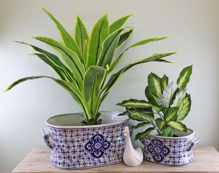 Vintage Blue & White Ceramic Footbath Planters-Set of 2-Perfect for Stylish Home or Patio Displays