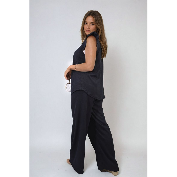 Effortlessly Elegant Ruffle Trim Top and Wide Leg Trouser Co-ord Set