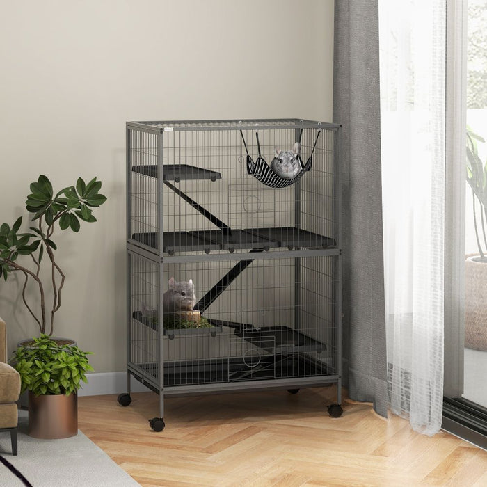 PawHut Small Animal Cages: Chinchilla Ferret Kitten on Wheels, Hammock Tray