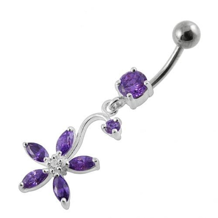 Fancy Multi Stones Flower Dangling Curved Navel Ring