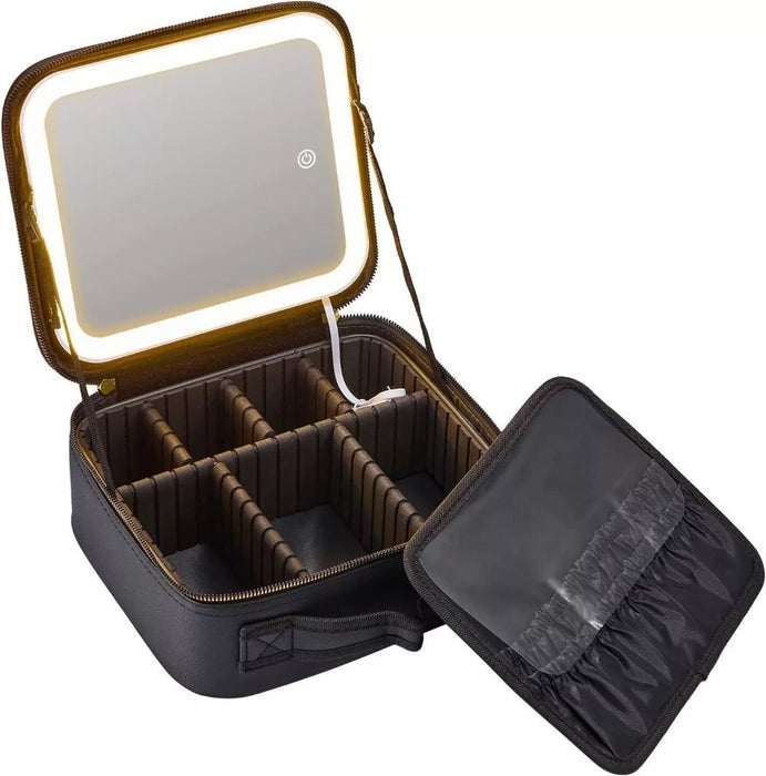 Makeup Bag with LED Light Mirror PU Makeup Case Cosmetic Box Black UK