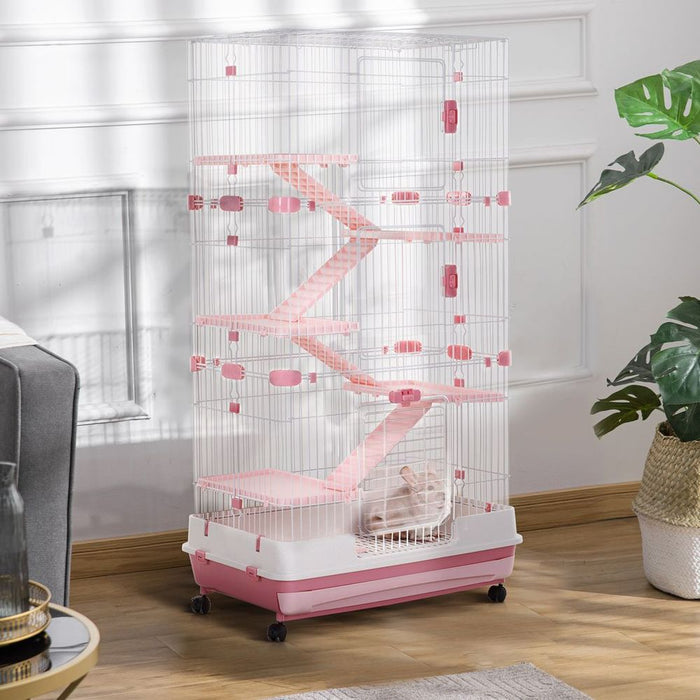 PawHut Pink Small Animal Cage - Indoor Bunny Ferret Chinchilla - 6 Levels - Wheels Tray - 158.6H x 81.2L x 52.7Wcm