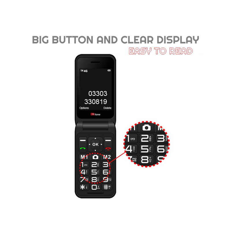 TTfone Black Flip 4G Mobile - Big Button & Emergency Button. Mains Charger & Vodafone Pay As You Go