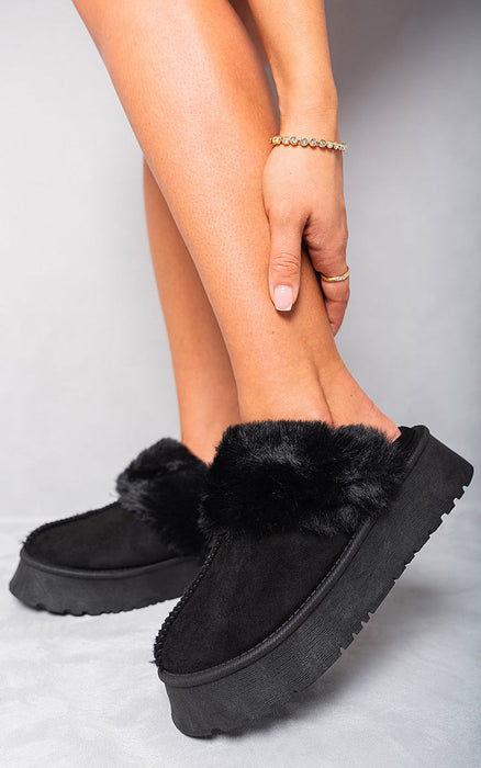 Fashion-Forward Faux Fur Trim Platform Slippers