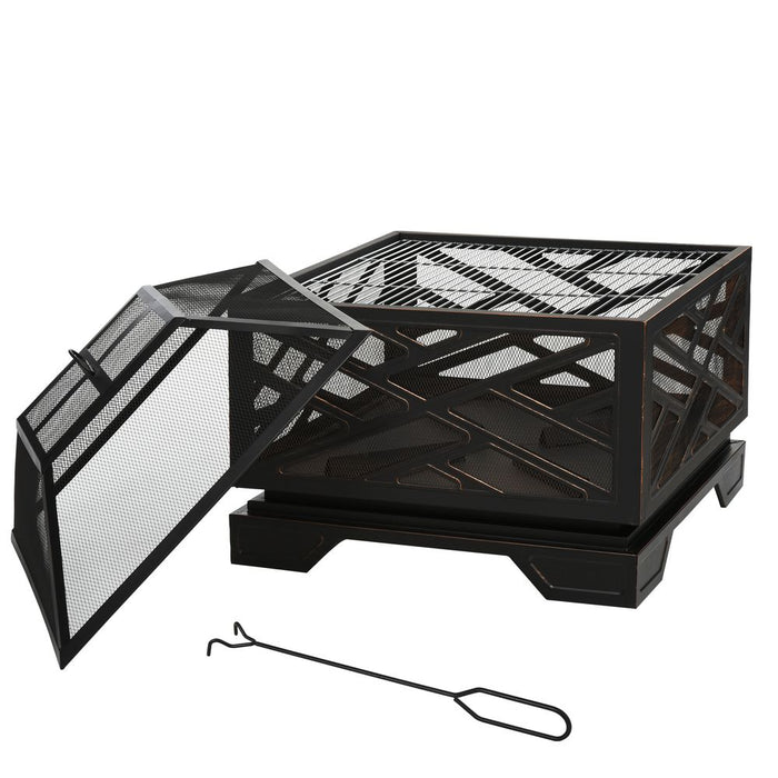 Premium 66cm Square Fire Pit BBQ - Metal Brazier, Screen Cover, Poker - Black