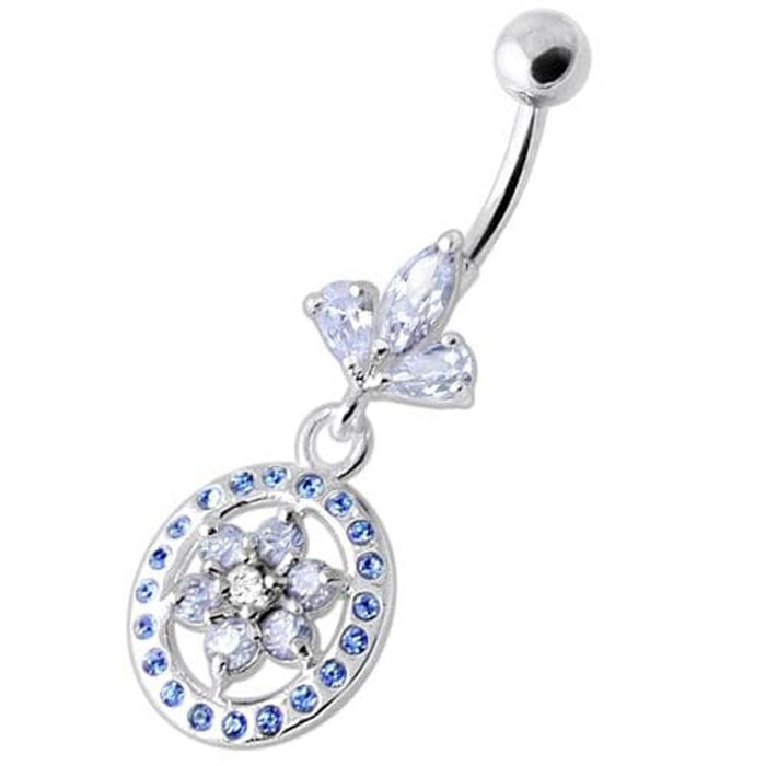 Flower in multi Jeweled Round Frame Navel Bar