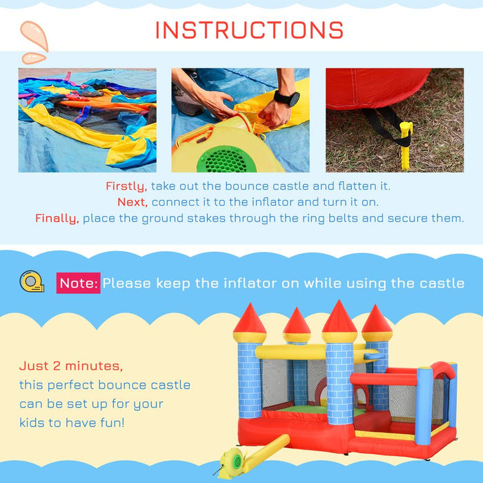 Outsunny Kids Bouncy Castle House Inflatable Trampoline Slide Water Pool Basket 4 in 1 with Blower Basketball Hoop for Kids Age 3-8 Castle Design 2.8 x 2.6 x 2.1m