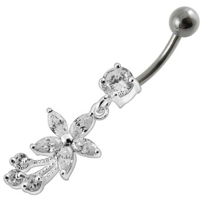 Fancy Flower With Stone Dangling SS Curved Belly Ring