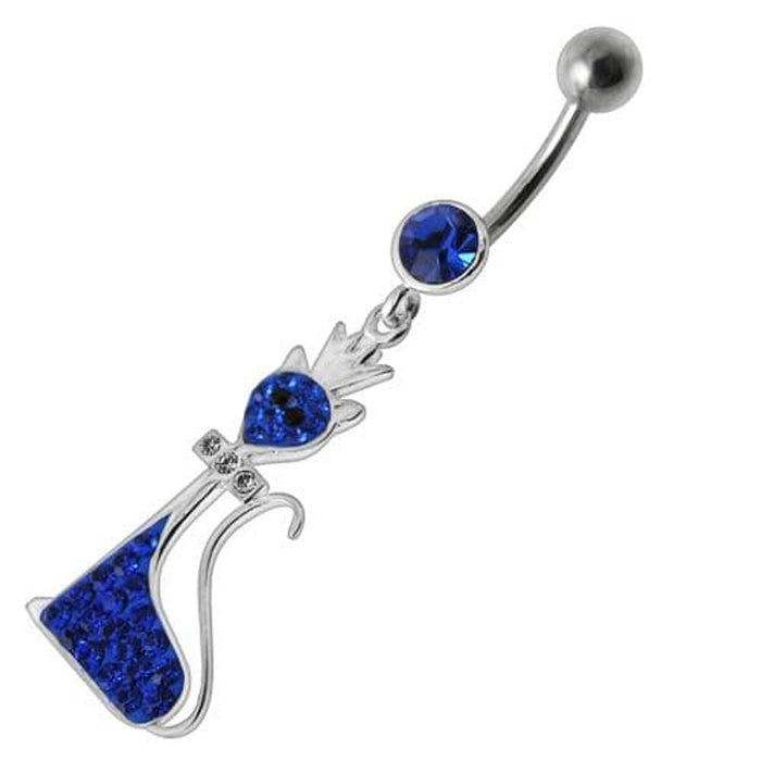 Fancy Black Jeweled Pussy Cat  With Crown Dangling SS Banana Bar Belly Ring