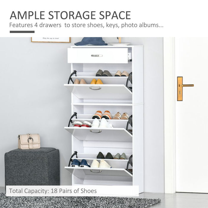 4 Drawer Shoe Cabinet with Flip Doors Shelves - 18 Pair Storage - White