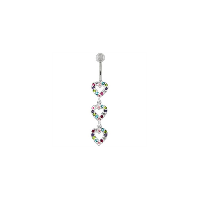 Triple Heart Dangling Fancy Multi Jeweled Curved Bar Belly Ring