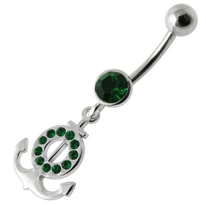 Silver Fancy Multi Jeweled Logo Dangling Banana Bar Belly Ring