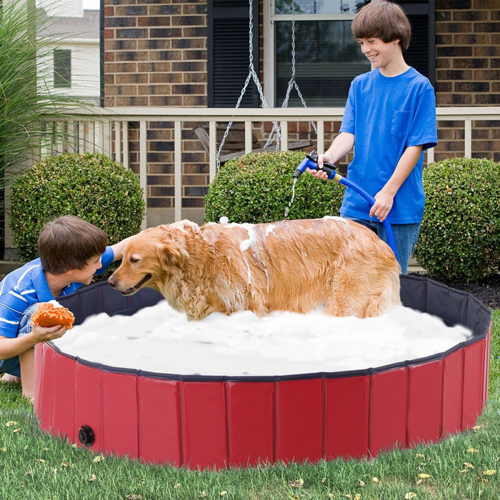 PawHut Foldable Pet Swimming Pool, Portable Dog Bathing Tub, 12" x 63" Plastic Large Dog Pool for Outdoor Dogs and Cats, Red