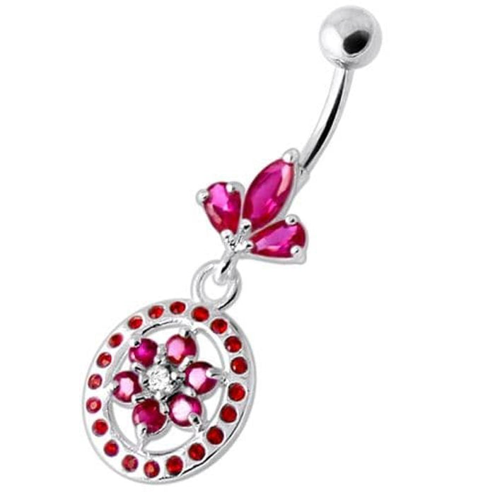 Flower in multi Jeweled Round Frame Navel Bar