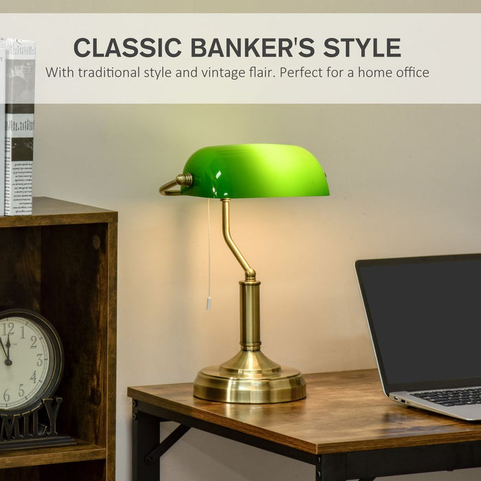 Banker's Table Lamp Desk Lamp w/Antique Bronze Base, Glass Shade and Pull Rope