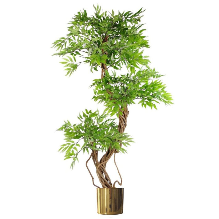 140cm Realistic Japanese Ficus Tree + Gold Metal Planter: Premium Quality, Natural Trunk, Lifelike Leaves. Perfect for Any Space!