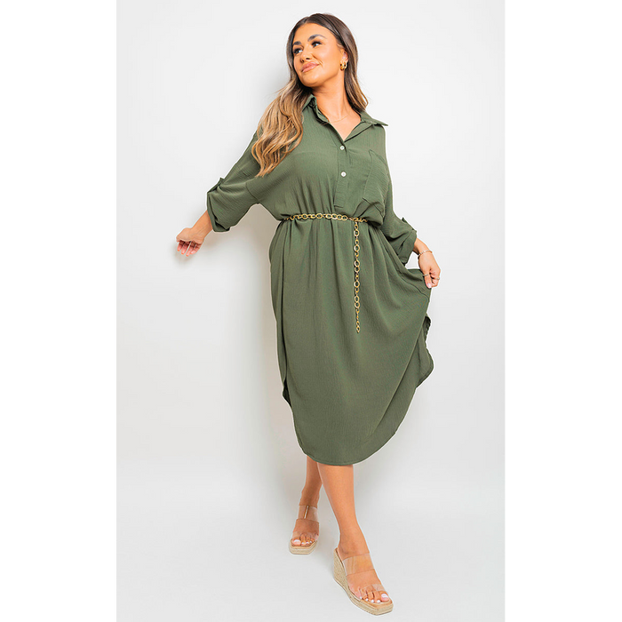 Stunning Rosie Button Down Midi Dress with Pull-Up Sleeves!