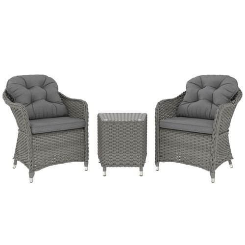 Outsunny 3 PCS Aluminium Rattan Bistro Set with Soft Cushions & Glass Top