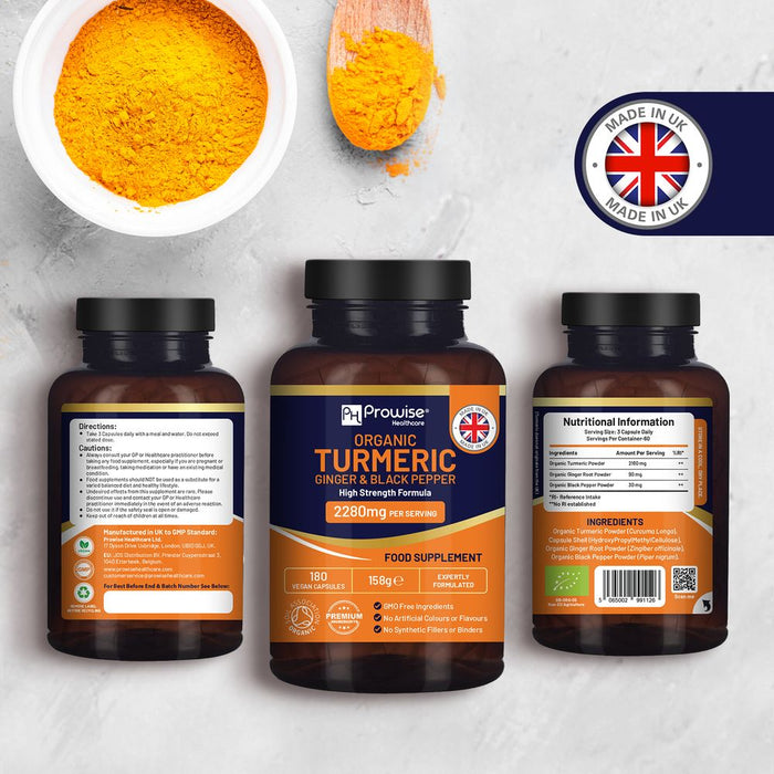 Organic Turmeric 2280mg (High Strength) with Black Pepper & Ginger - 180 Vegan Capsules